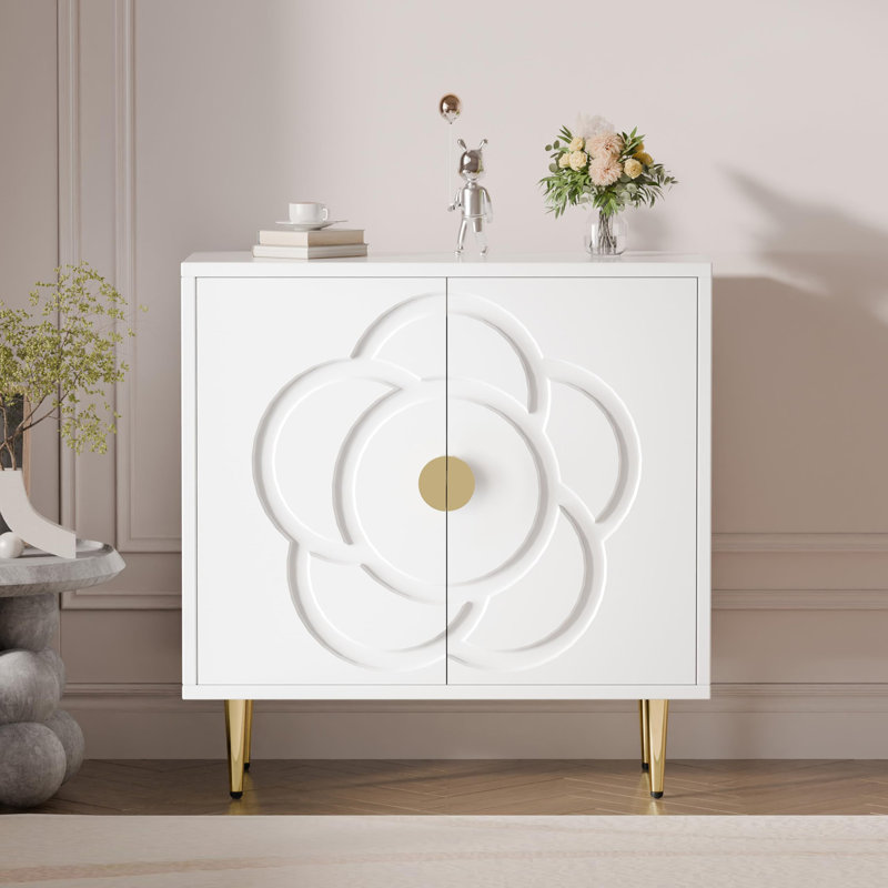 White MDF Storage Cabinet with Gold Legs and Floral Pattern