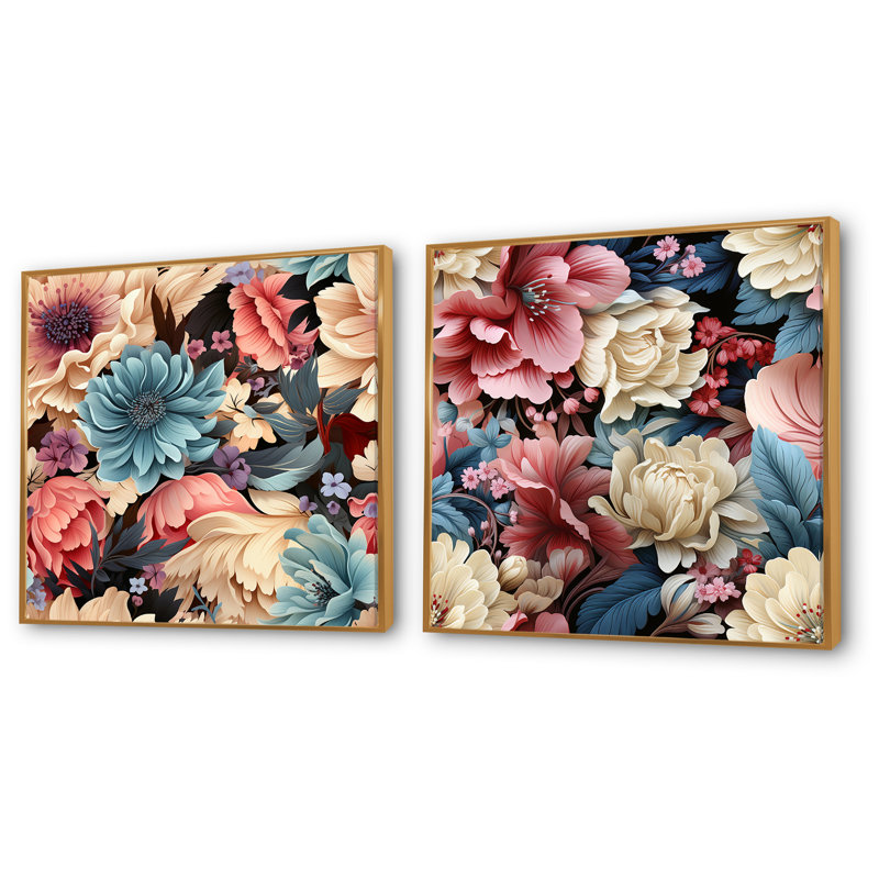 Eya - Ensemble de 2 décorations murales florales, Cadre flottant doré, H 16 po x l 33 po x P 1 po
