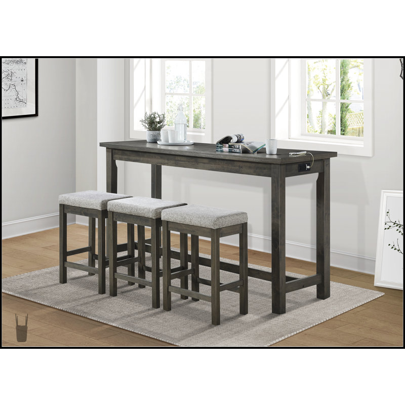Ensemble de salle à manger 4 pièces à hauteur de comptoir avec finition grise, ports USB intégrés, prises de courant et 3 tabourets confortables pour les cuisines modernes