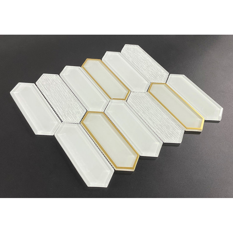 Glass Mosaic Wall Tile, White & Gold Glazed