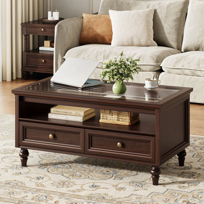 39.3" Traditional Coffee Table with Tempered Glass Top, 2 Drawers & Open Shelf