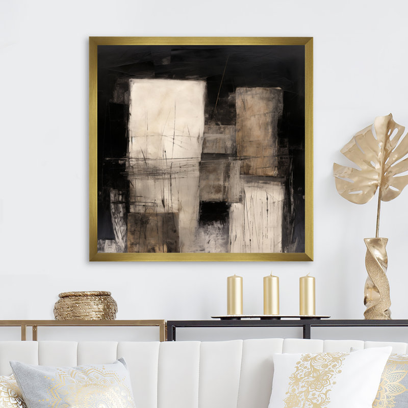 Art mural noir Mid Century Fusion IV - abstrait Mid-Century, H 36 po x l 36 po x P 1,5 po, Encadrement doré