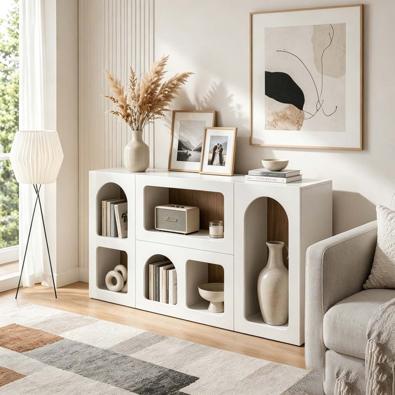 Console en bois, canapé moderne