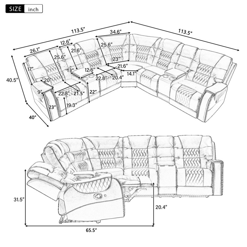113.5" Manual Reclining Sectional Sofa Set L Shaped Symmetrical Motion Sofa Corner Couch Sets With Storage Boxes, 4 Cup Holders And LED Light Strip