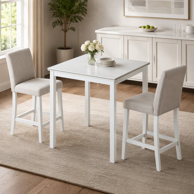 Ensemble de table haute de 5 pièces, ensemble de cuisine en bois avec table carrée et 4 chaises rembourrées, table à manger haute ornée de cristaux et chaises assorties pour la cuisine et la salle à manger, blanc