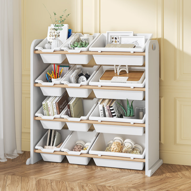 Bibliothèque moderne à 4 niveaux, bibliothèque polyvalente, étagère à cadre en bois avec 12 bacs de rangement amovibles, organisateur de bureau polyvalent et présentoir d'artisanat