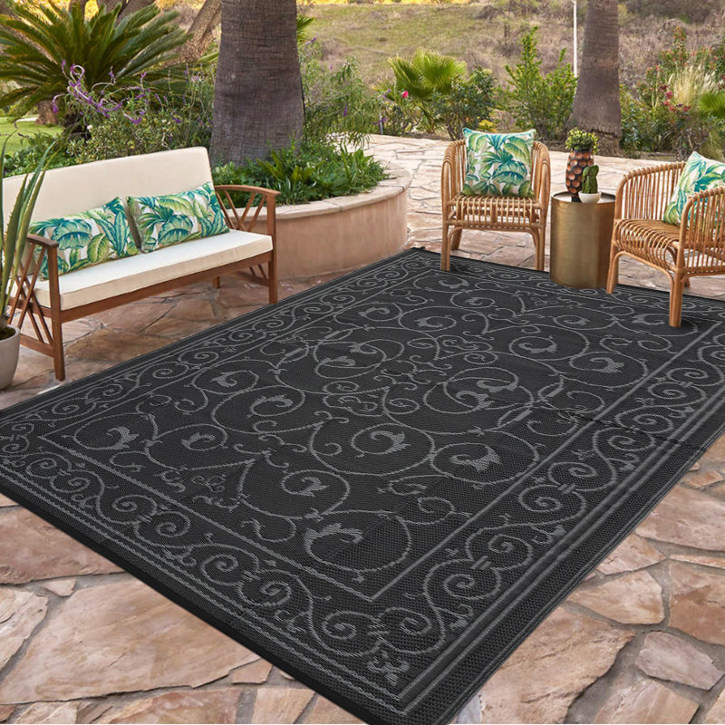 Reversible Outdoor Area Rug – Waterproof & UV Resistant Plastic Carpet – Modern Gray Design – Easy to Clean – 9*12ft, Black