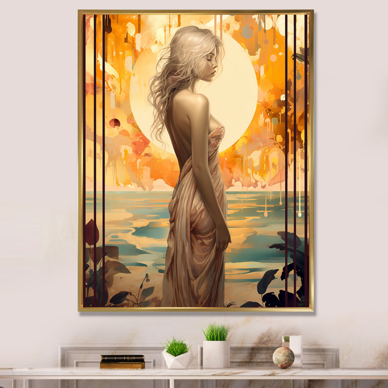 Portrait rétro d'une femme sensuelle pleine lune grâce, H 40 po x l 30 po x P 1,5 po, Cadre flottant doré