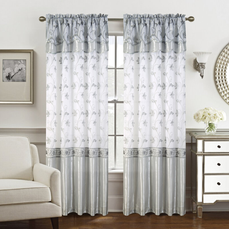Dahal Embroidered Window Curtain Panel with Attached Valance, Silver