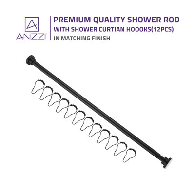 35-55 Inches Shower Curtain Rod With Shower Hooks In Matt Black | Adjustable Tension Shower Doorway Curtain Rod | Rust Resistant No Drilling Anti-Slip Bar For Bathroom | AC-AZSR55MB