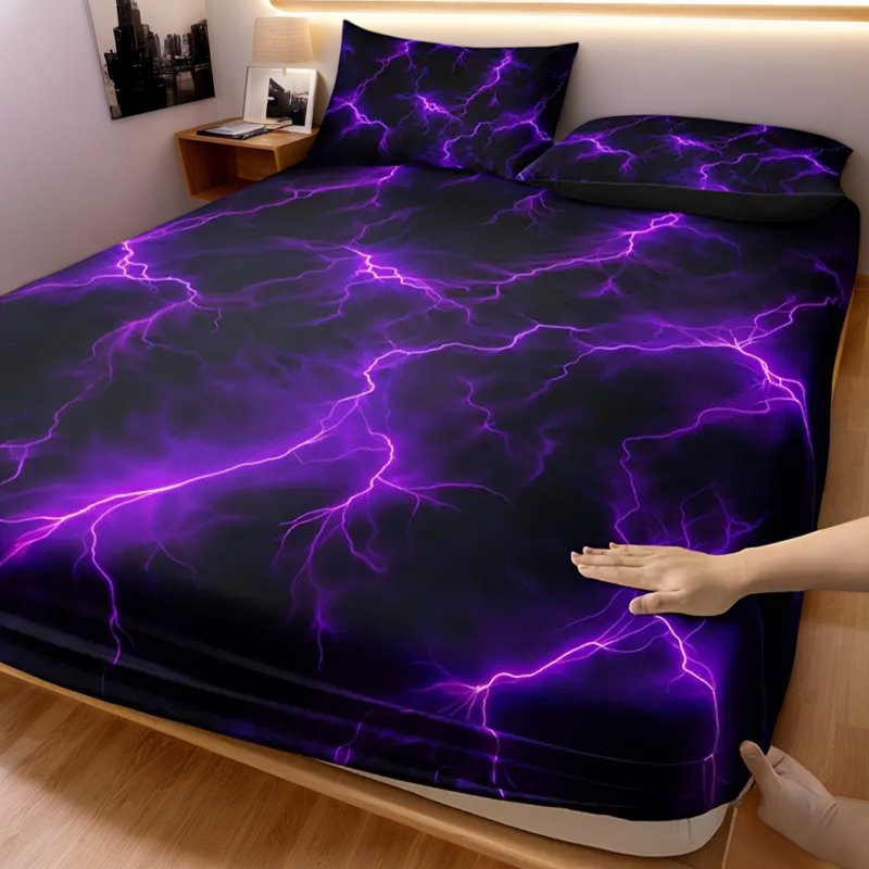 Orylavena Purple Lightning Microfiber Fitted Sheet Set with Pillowcases, Full / Double, Full