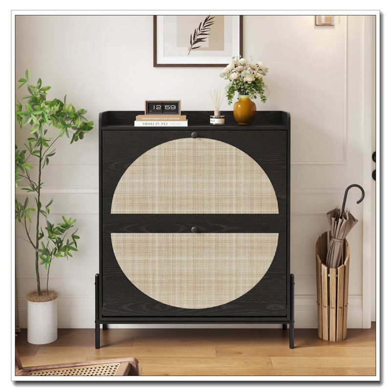 2-Drawer Wooden Shoe Cabinet with Rattan Doors, Black