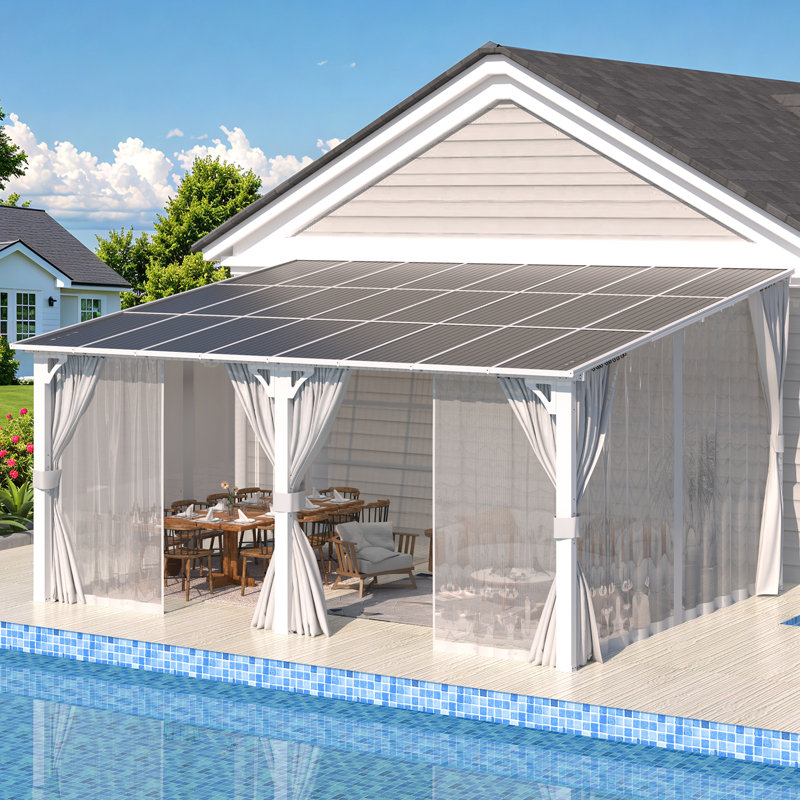 White Hard Top Lean To Gazebo Pergola With Curtains And Mosquito Netting, 96” H x 192” W x 144” D