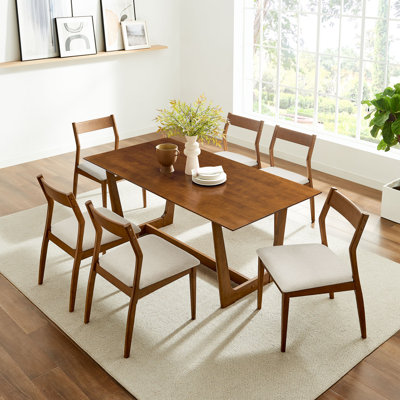 Solara 7-Piece Wood Dining Set With Fabric Upholstered Side Chairs Heathered Weave Beige