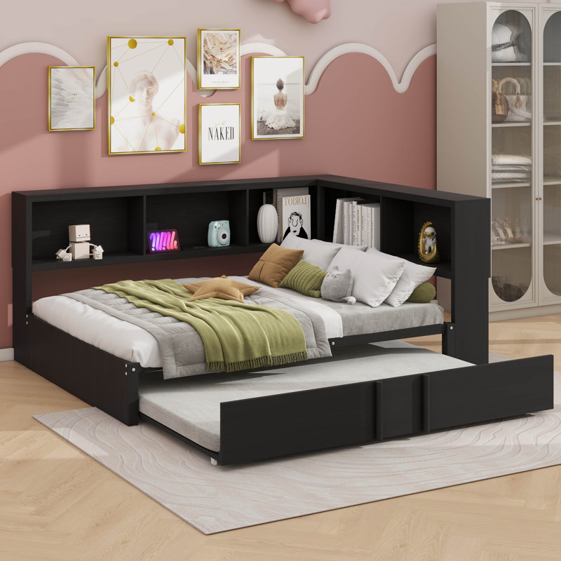 Practical Full Metal Daybed With Pull-Out Trundle And Built-In Storage Sections, Black