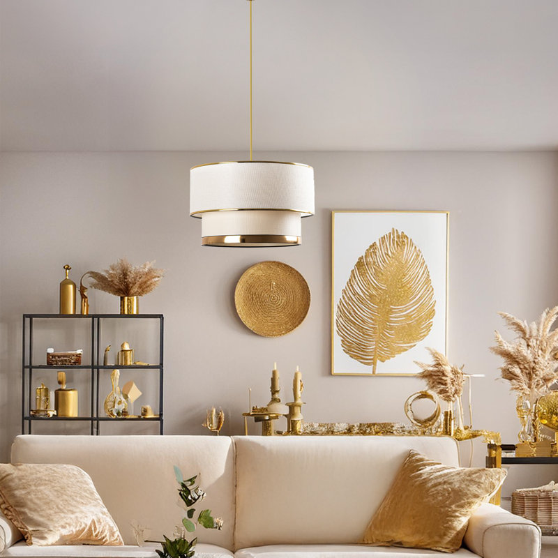 Lustre en métal avec capuchon en métal, Doré / crème