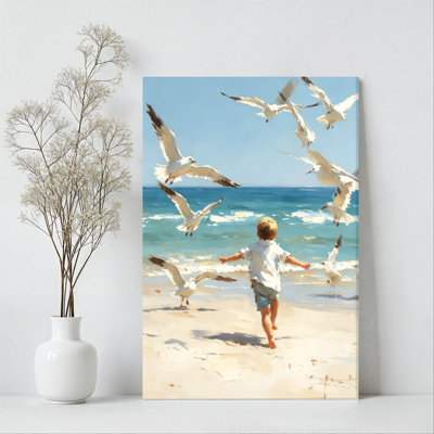 Young Boy Running on Beach with Seagulls Soaring Above Canvas Wall Art Print - Gallery Wrap Canvas with Solid Wood Inner Frame, Ready to Hang