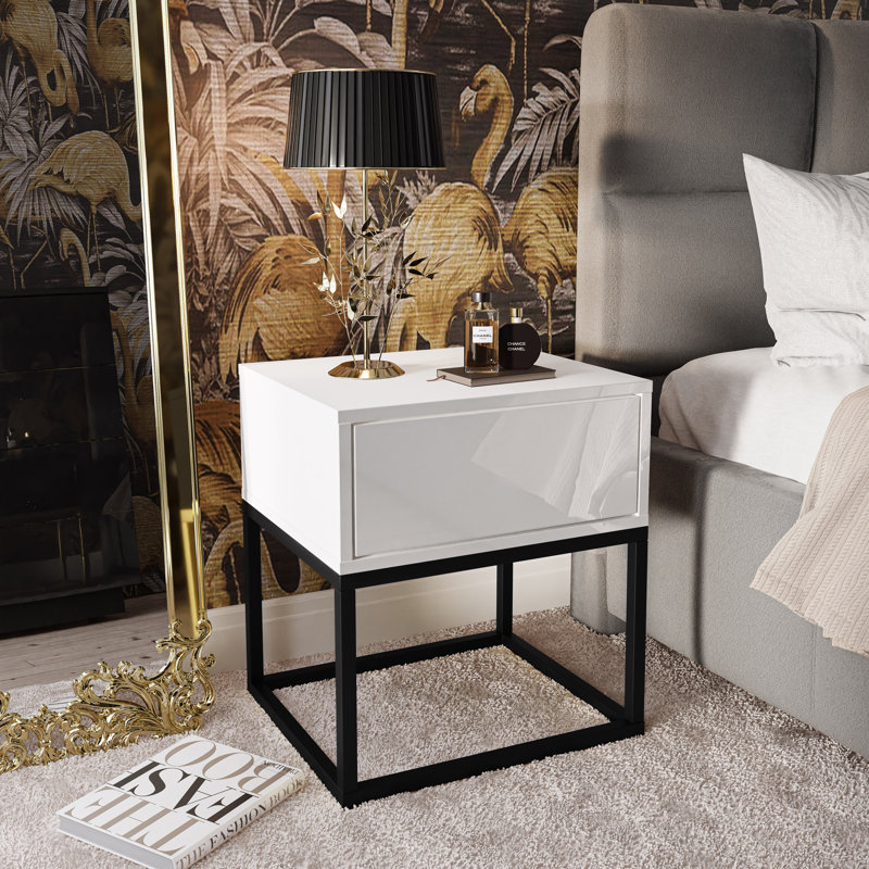 Asana 45cm W Steel Bedside Table, Black/White