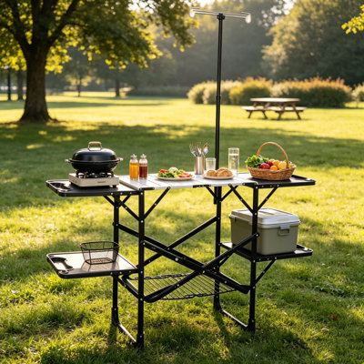Table de cuisine pliante pour camping, station de cuisson extérieure portable avec plateau résistant à la chaleur, 4 tables d'appoint, support de rangement et lampadaire pour les activités de pique-nique, de camping et de hayon