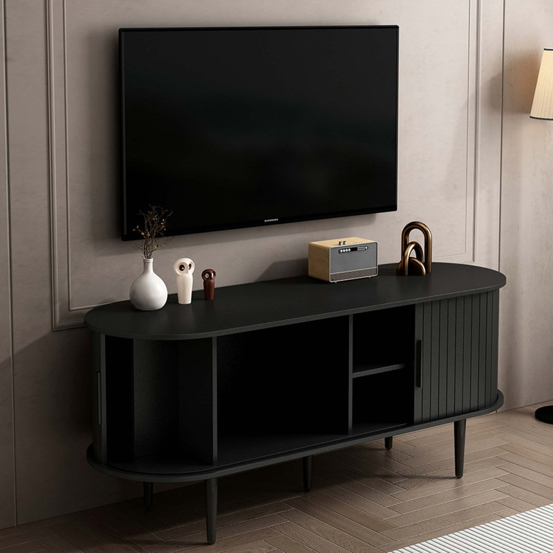 Console de télévision moderne avec porte coulissante et rangement spacieux, Noir