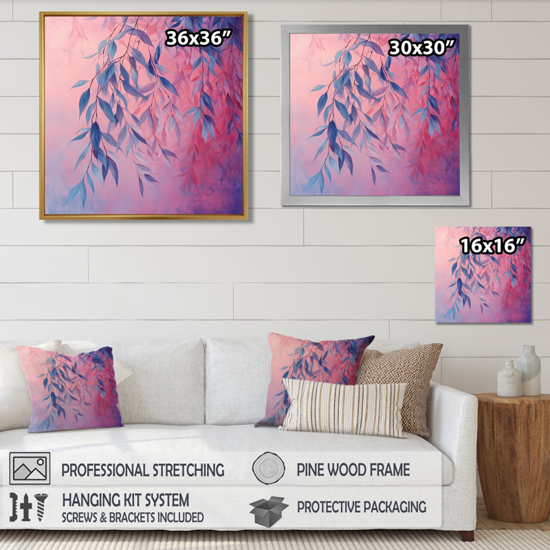 Coucher de soleil sur feuilles de saule II - feuilles, art mural, H 16 po x l 16 po, Impression encadrée flottante