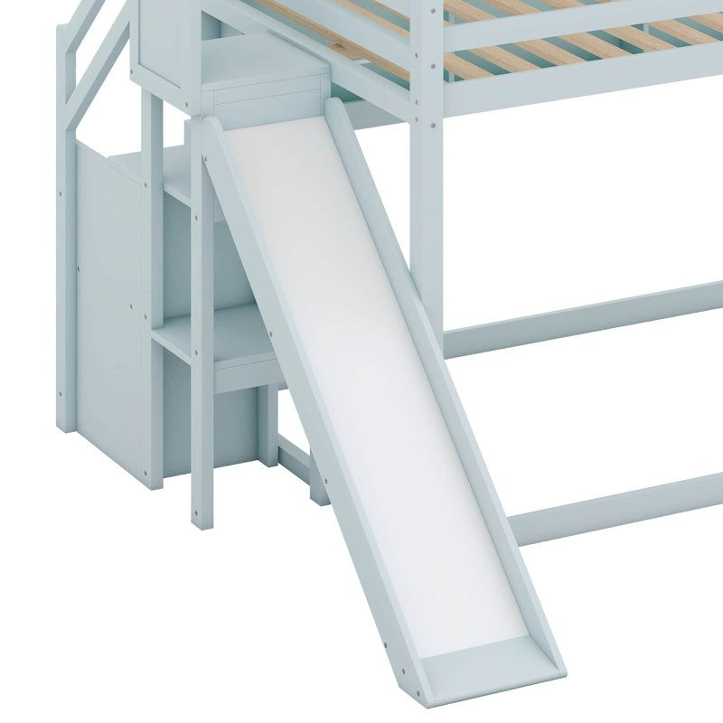 Lit double avec auvent, structure de lit mezzanine en bois avec glissoire et bibliothèque intégrée, Vert clair