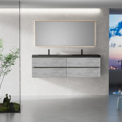 Meuble-lavabo flottant 72 po avec lavabo et rangement, deux bacs à sable en quartz noir, quatre tiroirs à fermeture en douceur, gris ciment, style minimaliste moderne, faible absorption d'eau, facile à installer, bois