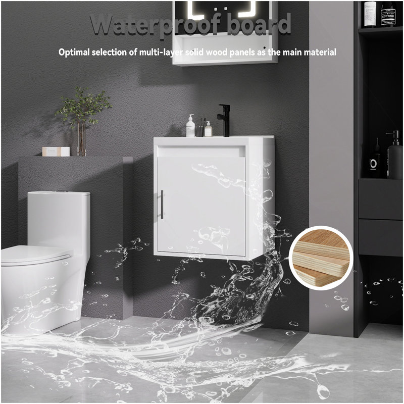 Meuble-lavabo 16 po avec lavabo en céramique et porte d'armoire à fermeture en douceur, fixation murale flottante, bonde escamotable, siphon inclus, blanc (sans robinet)