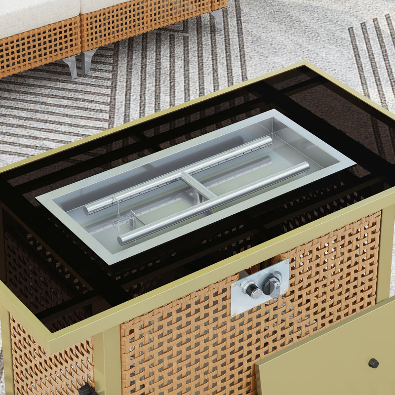 Table de foyer d'extérieur au propane 60000 avec pare-vent en verre, tissage rectangulaire de 43 po pour terrasse de patio - gaz orange et jaune moutarde,