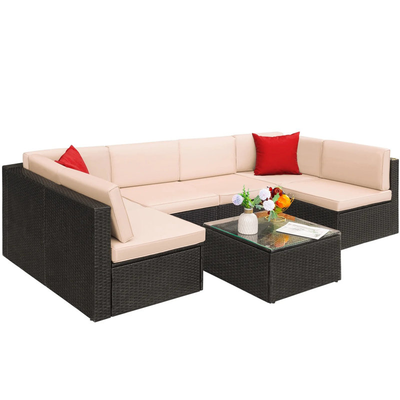 Ensemble de conversation modulaire en rotin 7 pièces avec coussins Bump, Beige / Rouge