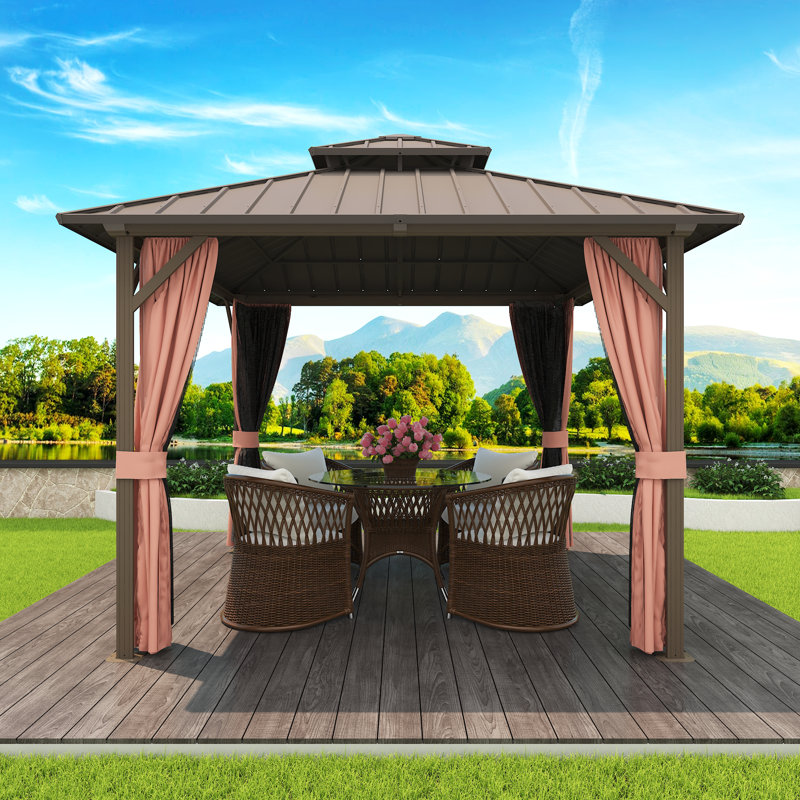  10 Ft. X 10 Ft. Aluminum Patio Gazebo with Double Steel Roof, Mosquito Netting, and Curtains