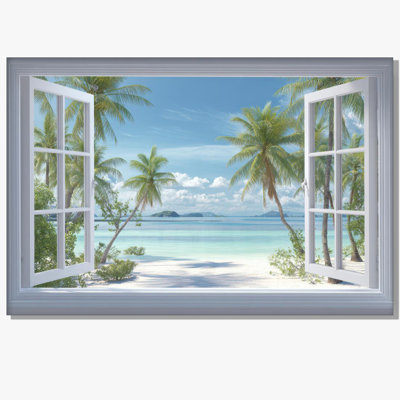 Toile ouverte blanche à double battant avec palmier tropical, plage turquoise, vue sur l'océan, impression pour salon, art mural sur toile