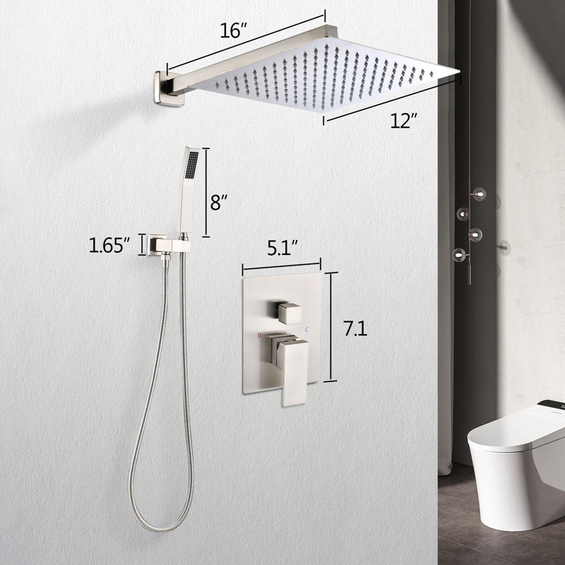 Système de pomme de douche de 12 po fixé au mur en nickel brossé - pluie naturelle, fente de trou de sortie autonettoyante, rainure d'alignement de tuyau standard américain sur la copie, fente de sortie, conforme