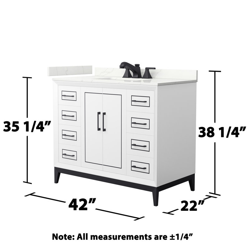 Meuble-lavabo sur pied simple avec comptoir en quartz 42 po Marlena, Quartz Giotto, Blanc, Noir mat