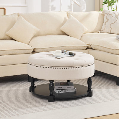 Upholstered Button Tufted Round Storage Ottoman With Open Solid Wood Shelf