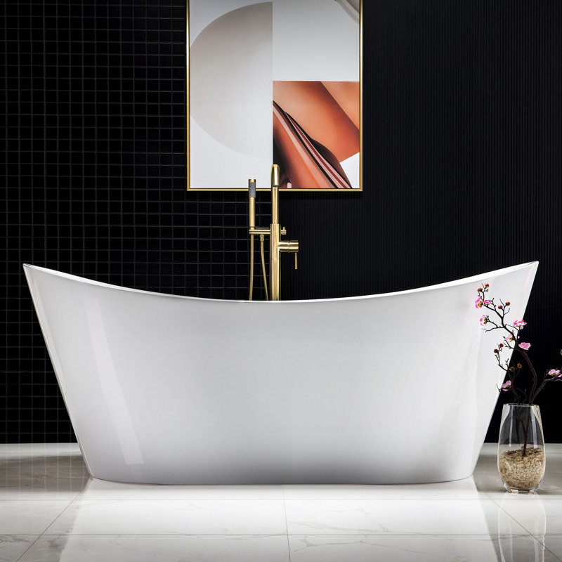 71" x 31.5" Freestanding Double Slipper Soaking Acrylic Bathtub, Brushed Gold, White