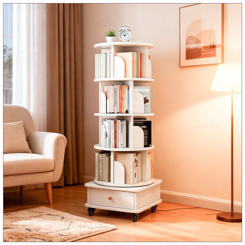 Bibliothèque rotative à 5 niveaux avec roulettes et tiroir, (5 tablettes) H 55,91 po x l 18,11 po x P 18,11 po, Blanc