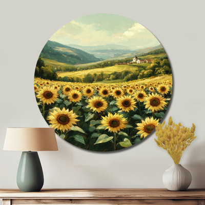 Paysage champêtre dans la vallée I - Art mural rond en métal tournesols