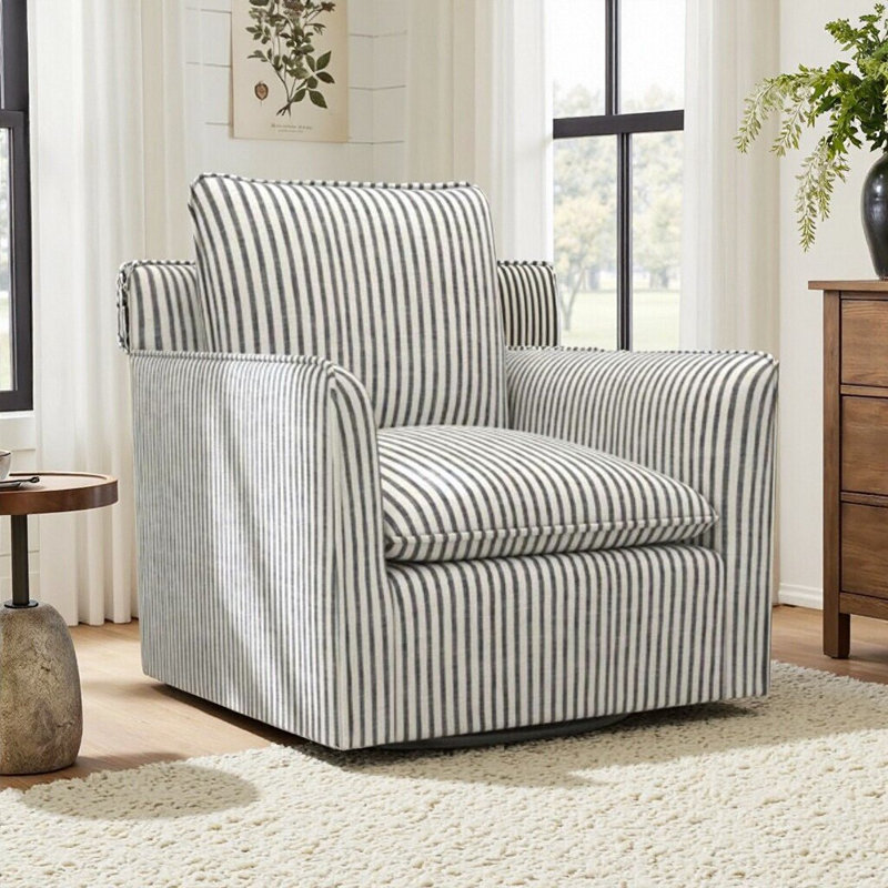 Fauteuil demi-tonneau pivotant moderne à rayures douces 29,7 po avec coussin amovible, Blue
