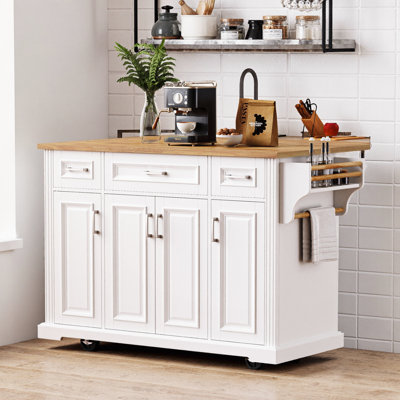 54" Black Farmhouse Kitchen Island with Drop Leaf, 4 Doors & 3 Drawers, Rubber Wood Top, Wheels