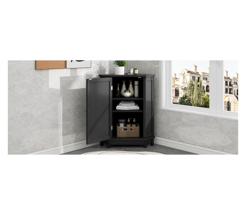 Armoire de coin noire avec tablettes réglables - Armoire de rangement moderne en panneau de fibres à densité moyenne pour petites salles de bain, conception triangulaire peu encombrante