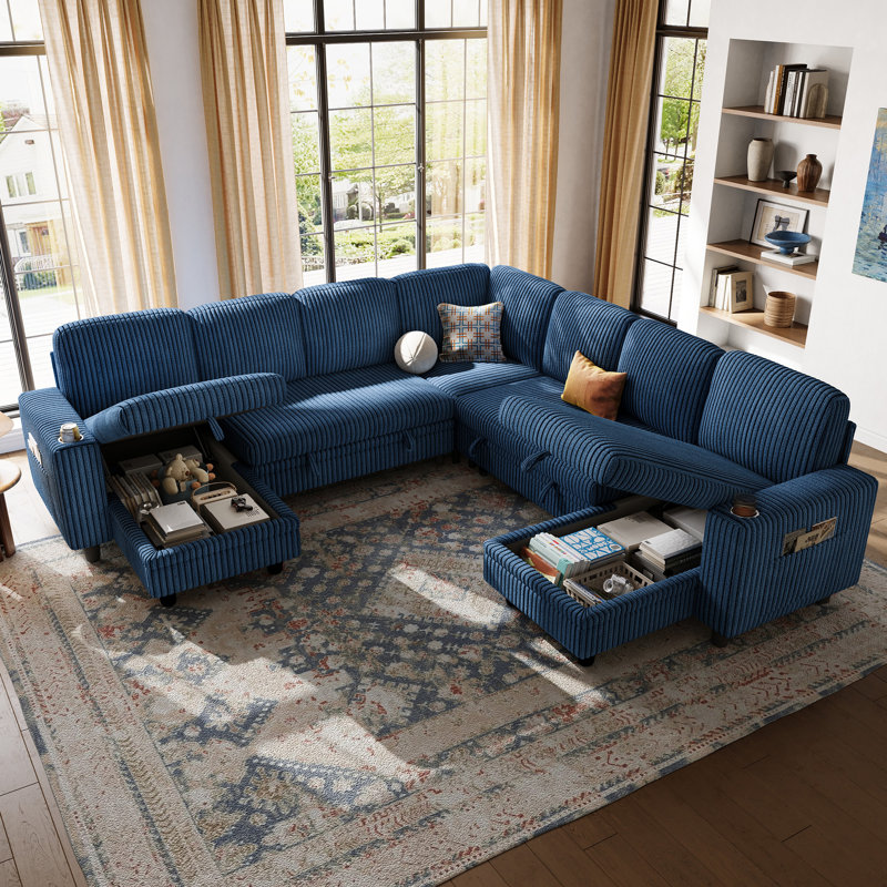 Sherry 106" Upholstered Modular Corner Sectionals Sleeper with Storage, USB Charging & Cup Holders, Soren Navy Corduroy