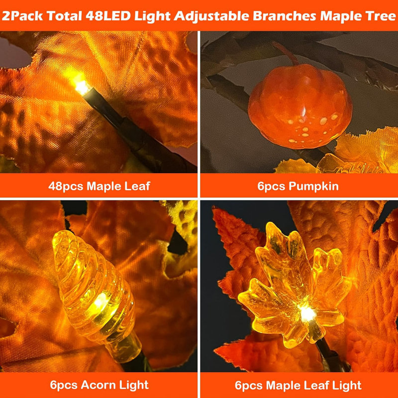 2 Pack 24 Inch Prelit Fall Maple Tree Thanksgiving Decorations With 48 LED Lights