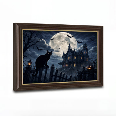 Victorian Haunted House With Black Cat And Full Halloween Canvas Wall Art