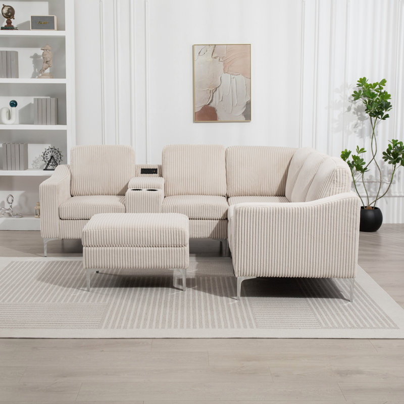 Canapé modulaire rembourré en L en velours côtelé avec repose-pieds, porte-gobelets et ports USB pour la vie moderne