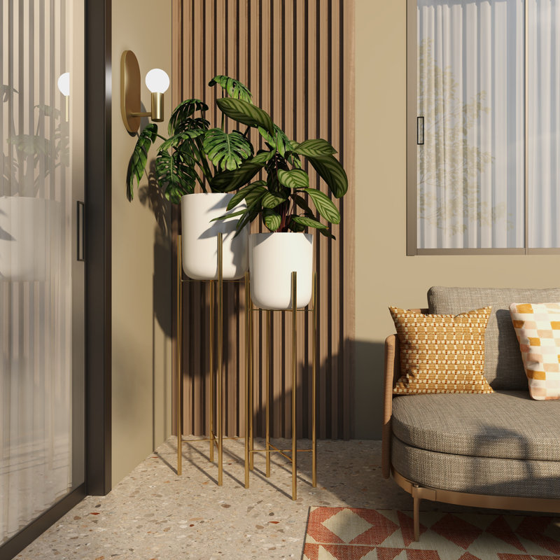 2 - Piece Silver Metal Tall Indoor Outdoor Dome Indoor Outdoor Planter with Removable Stand Set, White/Gold