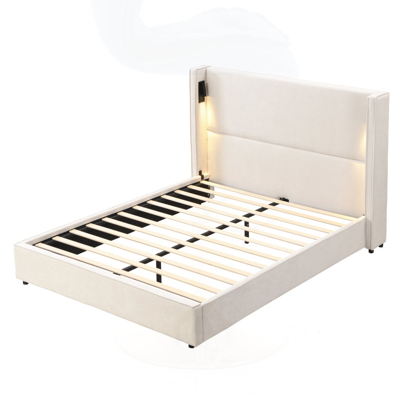 Upholstered Bed Frame with High Wingback Headboard,Reading Lamp and USB port, Queen