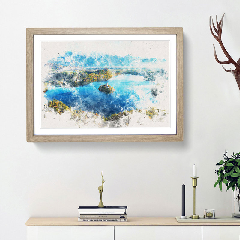 Lake Bled in Slovenia - Picture Frame Painting Print, 45cm H x 63cm W x 2cm D, Oak Framed