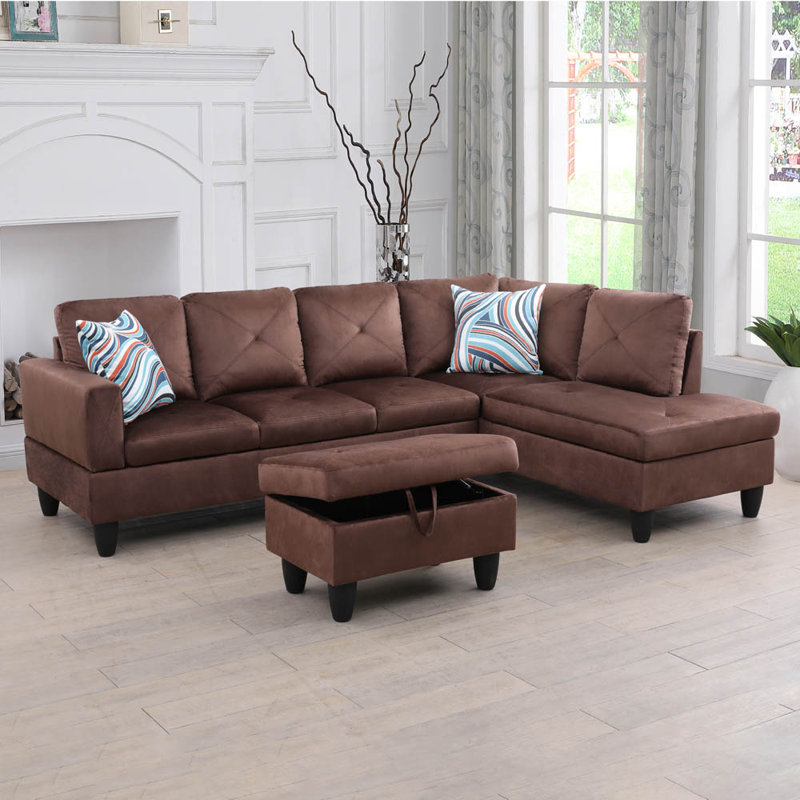 Canapé et méridienne avec repose-pieds Halid, Orienté à droite, Beige Microfiber / Microsuede