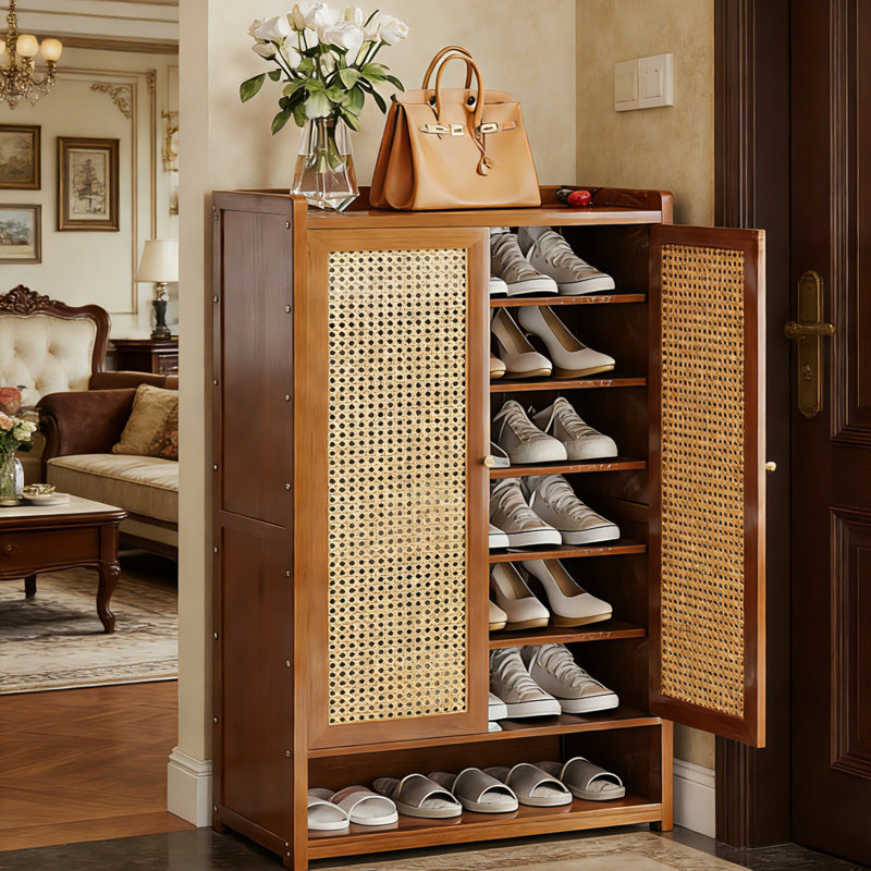 Modern Minimalist 7-Tier Bamboo Shoe Storage Cabinet with Adjustable Shelves & Rattan Doors 